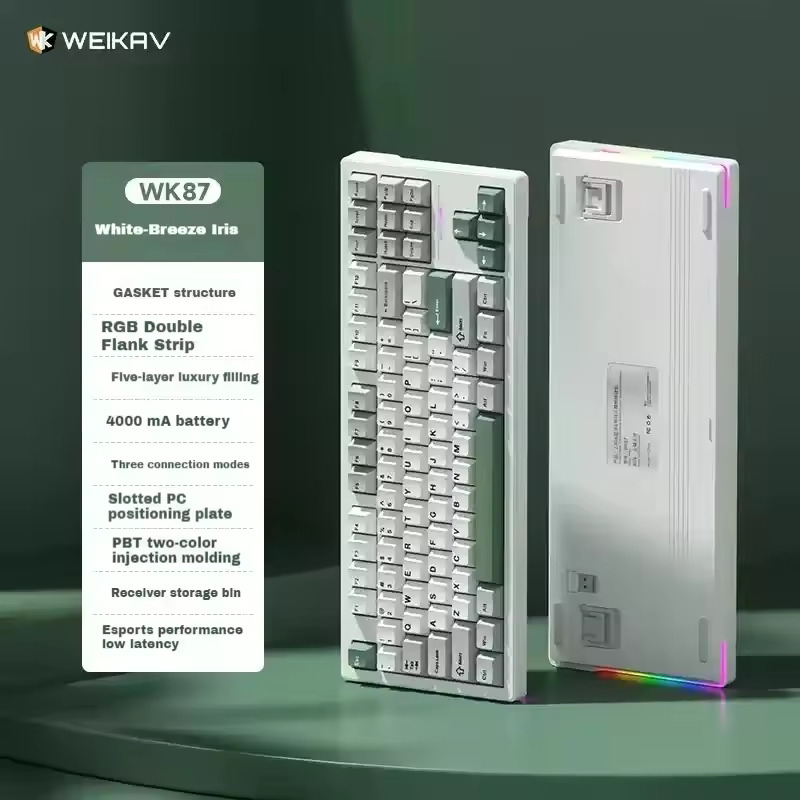 WEIKAV WK87 RGB Gasket Hot Swap Wireless E-Sports Mechanical Keyboard, White Breeze Iris
