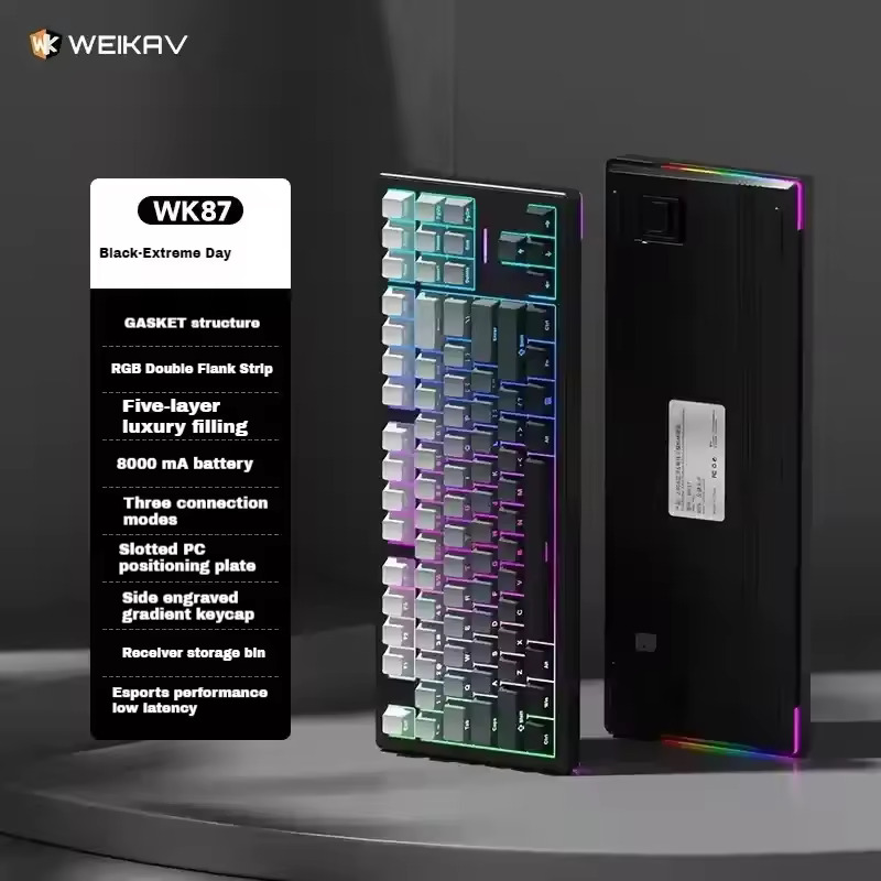 WEIKAV WK87 RGB Gasket Hot Swap Wireless E-Sports Mechanical Keyboard, Black Gradient
