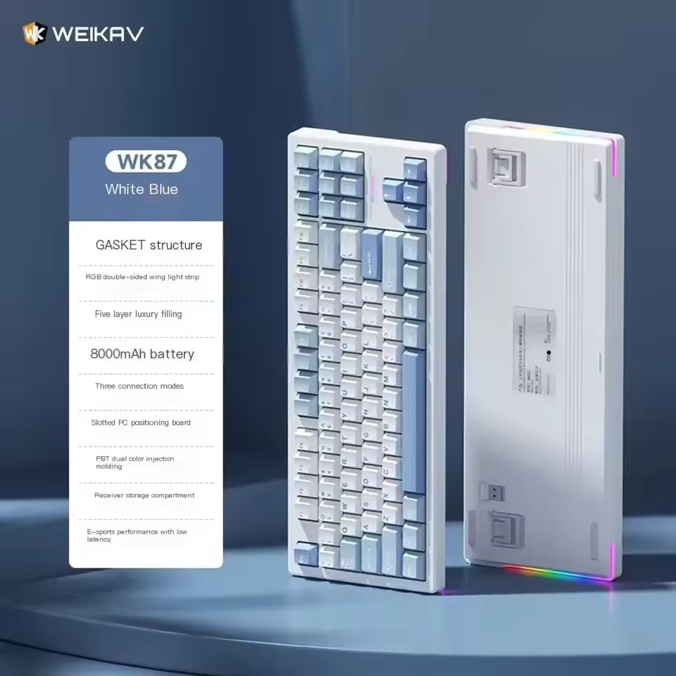 WEIKAV WK87 RGB Gasket Hot Swap Wireless E-Sports Mechanical Keyboard, White Blue