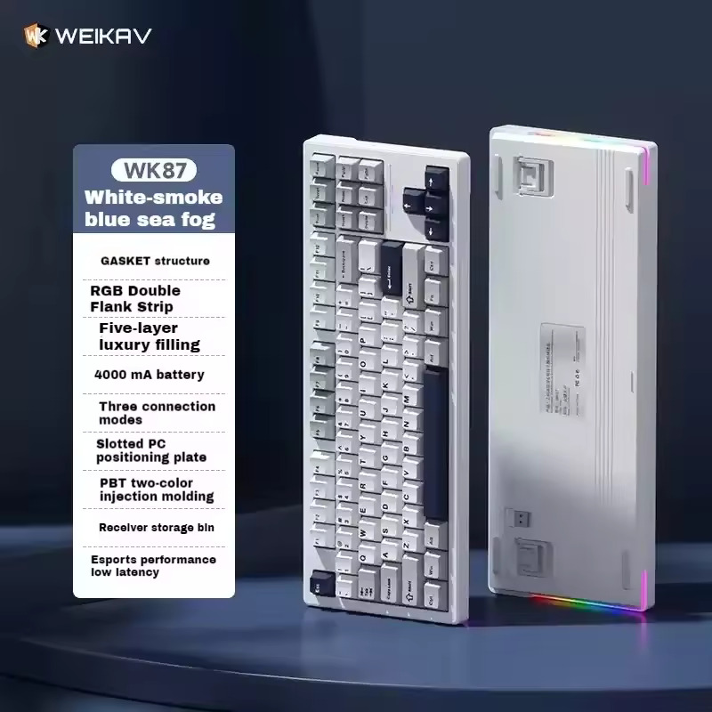 WEIKAV WK87 RGB Gasket Hot Swap Wireless E-Sports Mechanical Keyboard, Smoke Blue